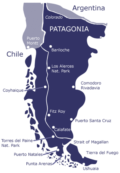 Mapa: Localização da Patagônia Chilena e Argentina